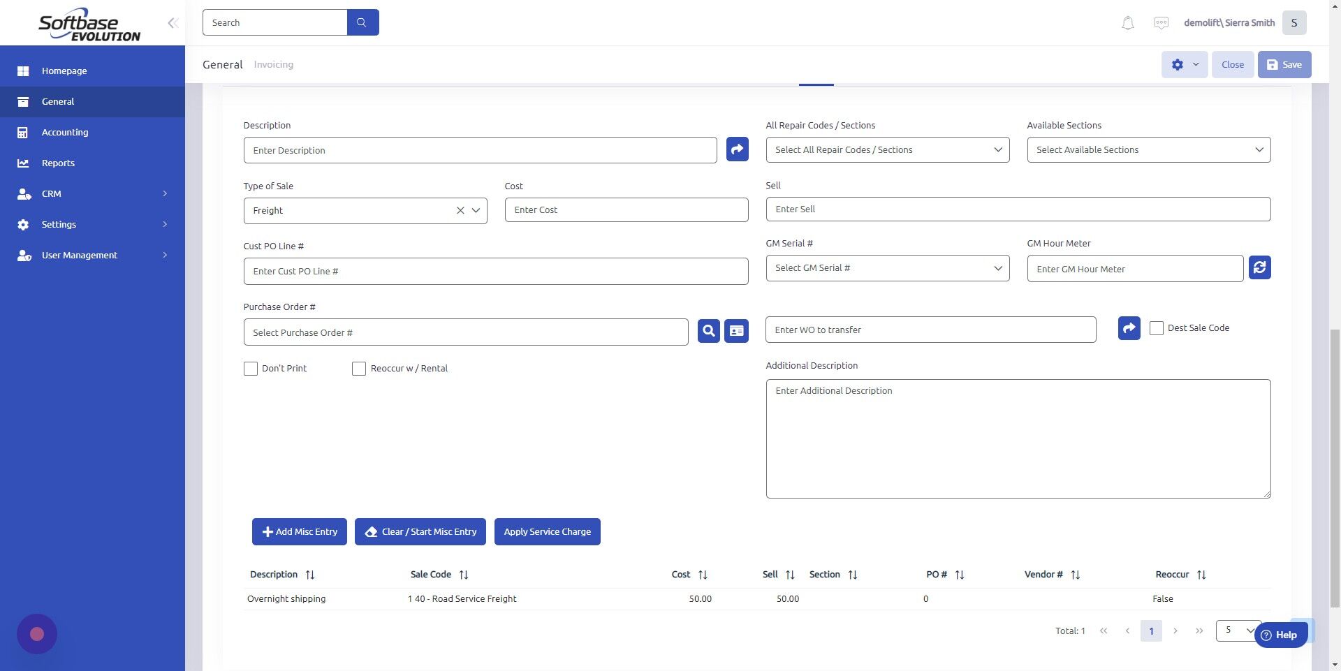 Screenshot of: Click "Apply Service Charge" if you have a service charge set up already. If you'd like to set this up: Main Menu > Accounting > Customer. If you'd like to set a service charge to be automatically applied or prompted: Main Menu > Settings > Administration > Department.