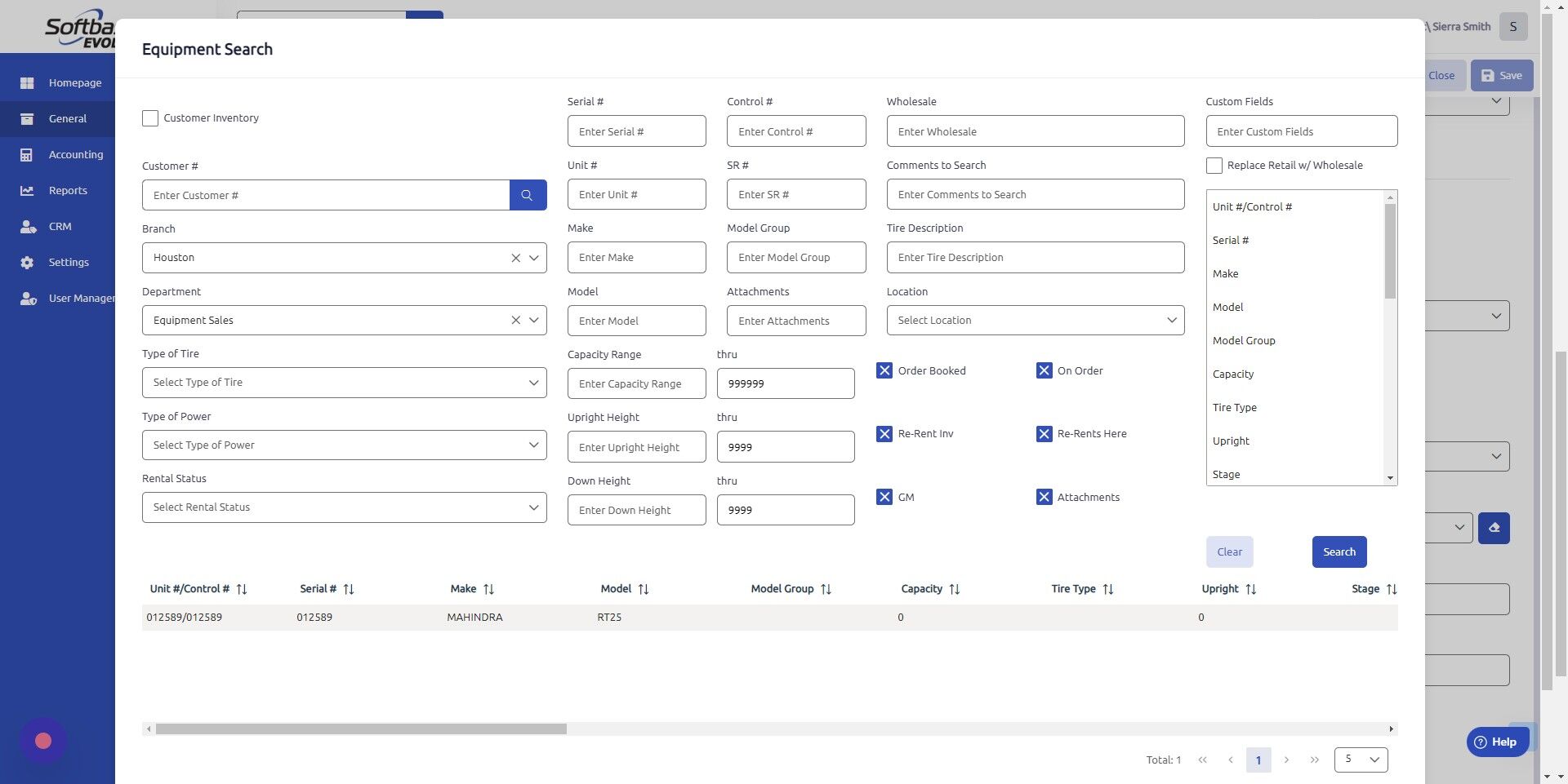 Screenshot of: Once equipment is located, double click on line item to auto-populate equipment info fields. 