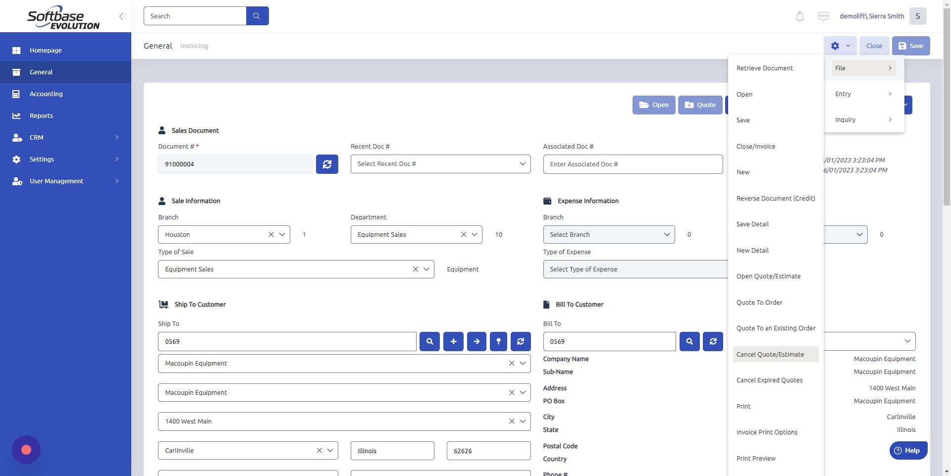 Screenshot of: To cancel quote, click Configure Icon > File > Cancel Quote/Estimate. Document will be labeled as Canceled Quote.