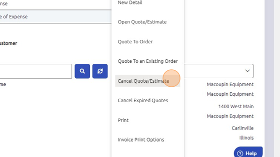 Screenshot of: To cancel quote, click Configure Icon > File > Cancel Quote/Estimate. Document will be labeled as Canceled Quote.