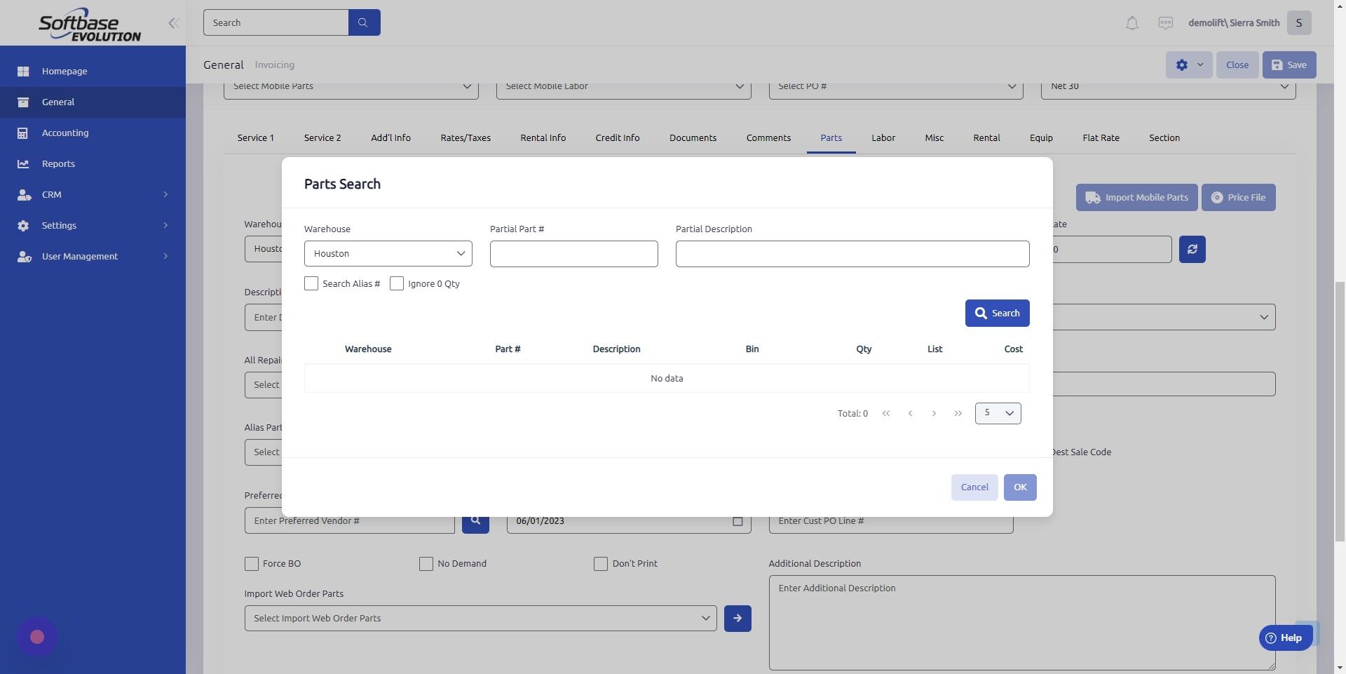 Screenshot of: Search for the part; must include at least one digit of part number to generate search.