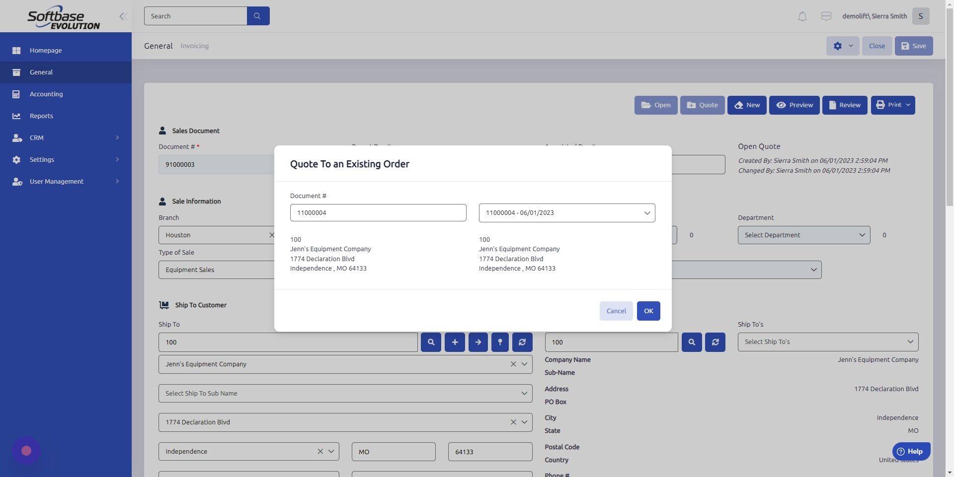 Screenshot of: Click OK to transfer Quote to the existing Work Order.