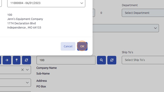 Screenshot of: Click OK to transfer Quote to the existing Work Order.