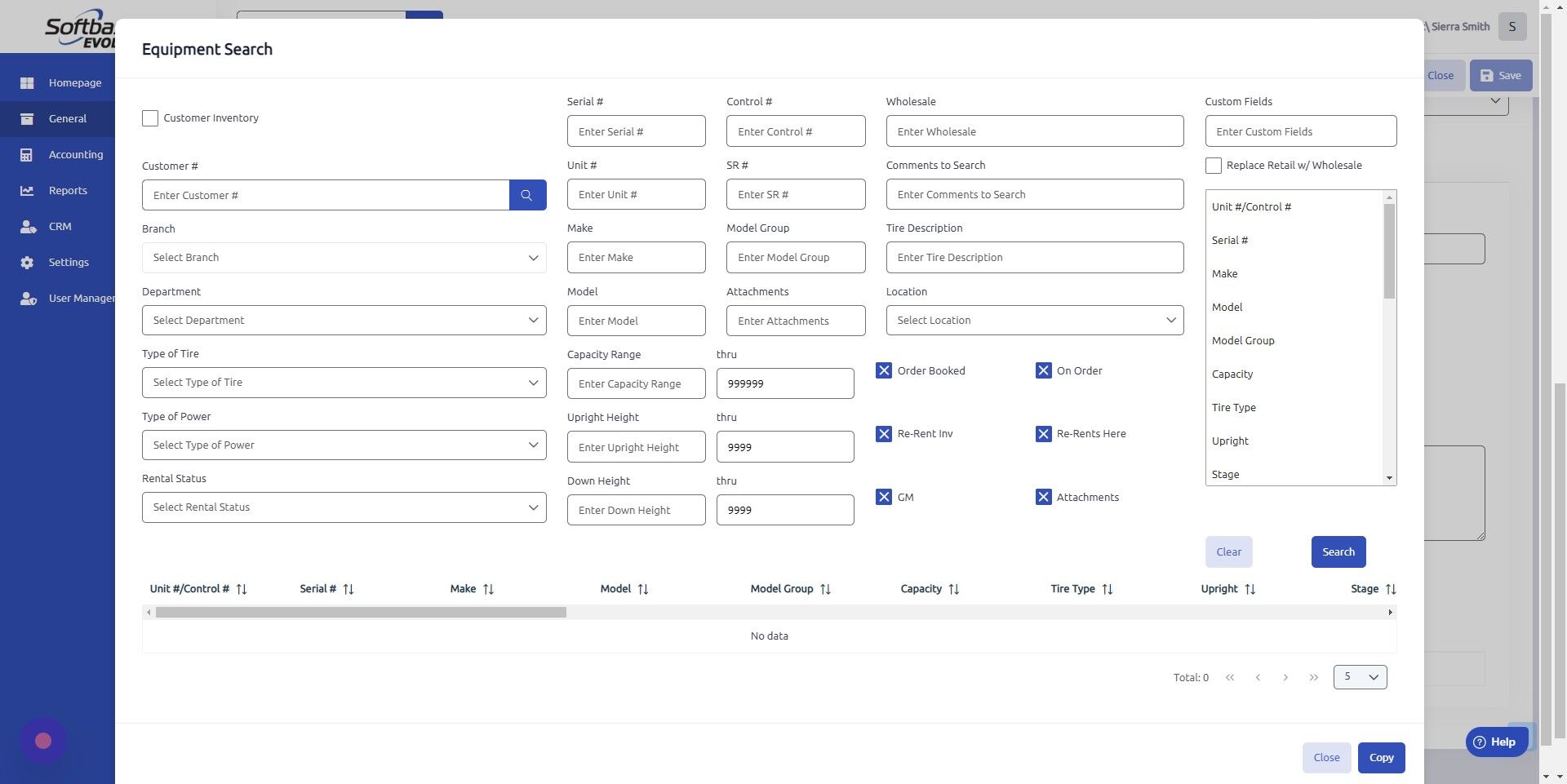 Screenshot of: Select Branch and Department (should be Equipment Sales).