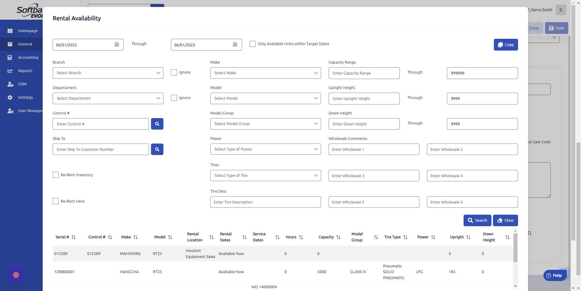 Screenshot of: Once equipment is located, double click to populate information in Rental tab. 