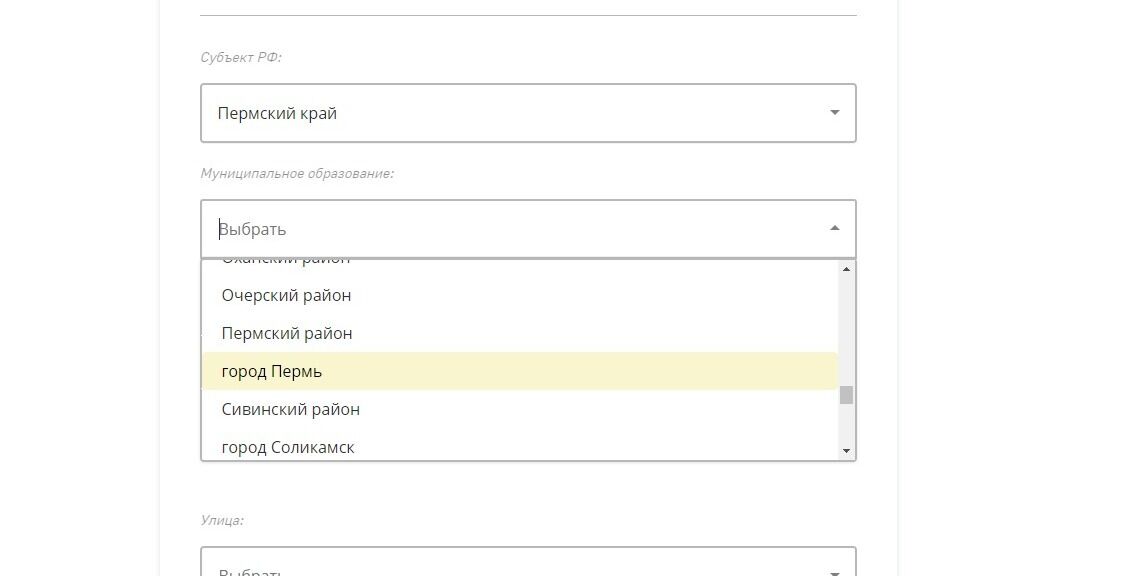 Screenshot of: Выберите муниципальное образование из списка.