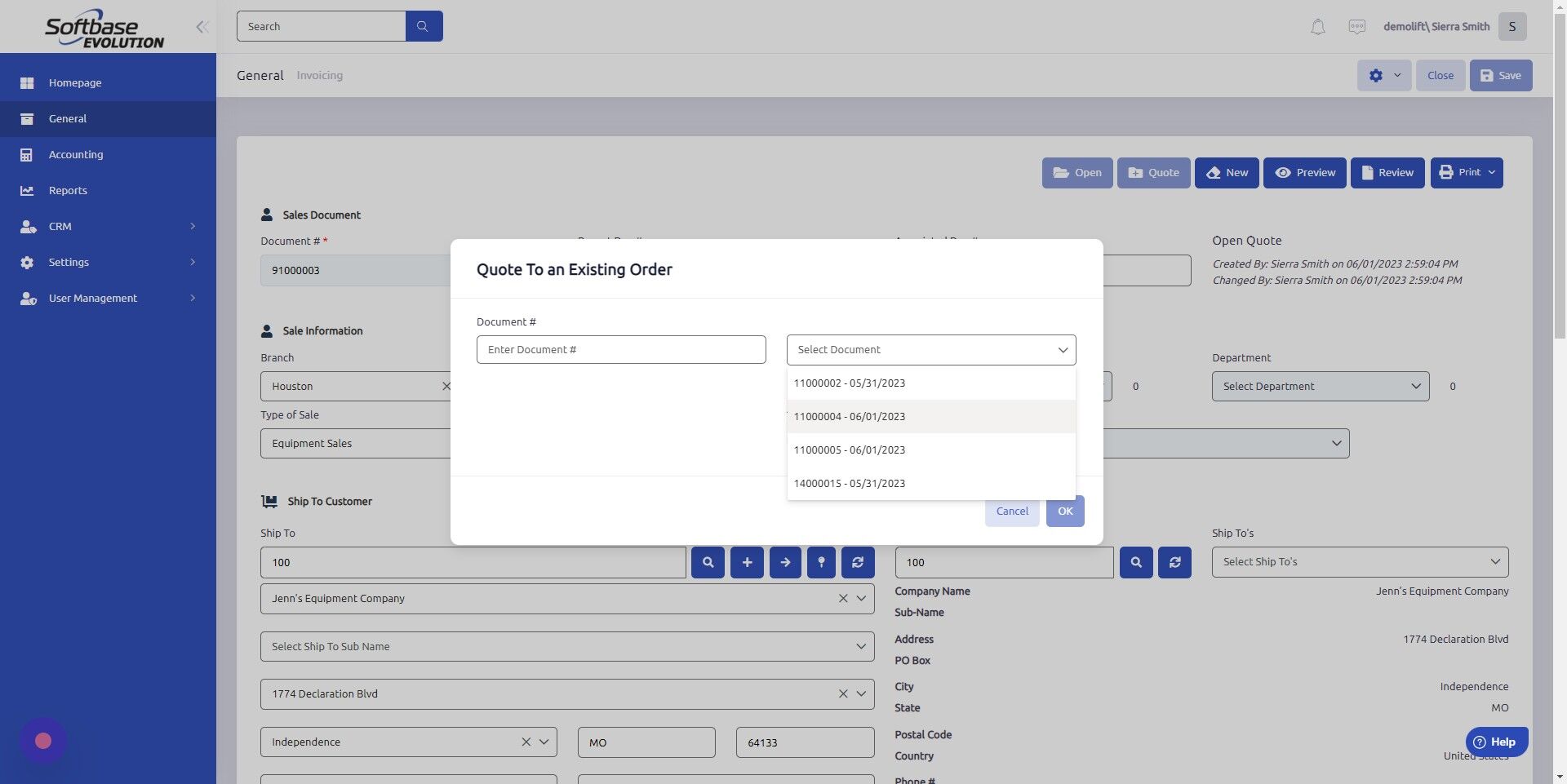 Screenshot of: Enter manually or select from dropdown the Document # of destination Open Work Order. 