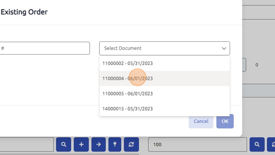 Screenshot of: Enter manually or select from dropdown the Document # of destination Open Work Order. 
