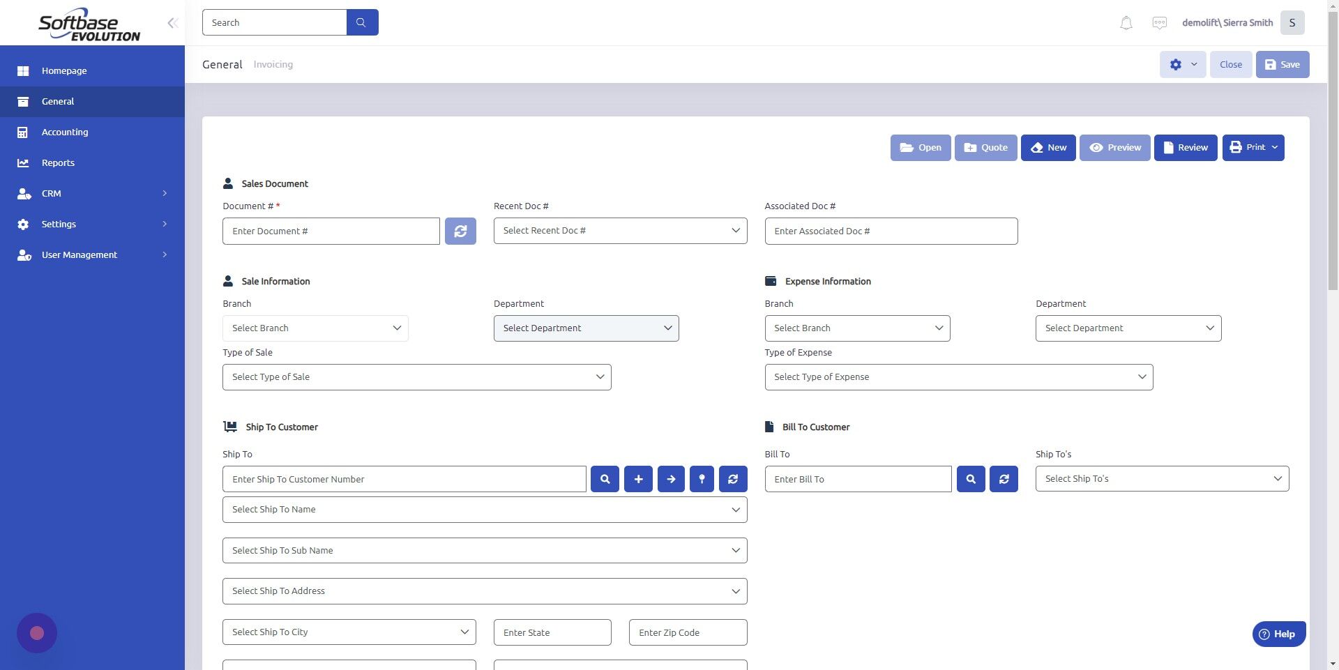 Screenshot of: Select Branch, Department, Type of Sale from dropdowns.