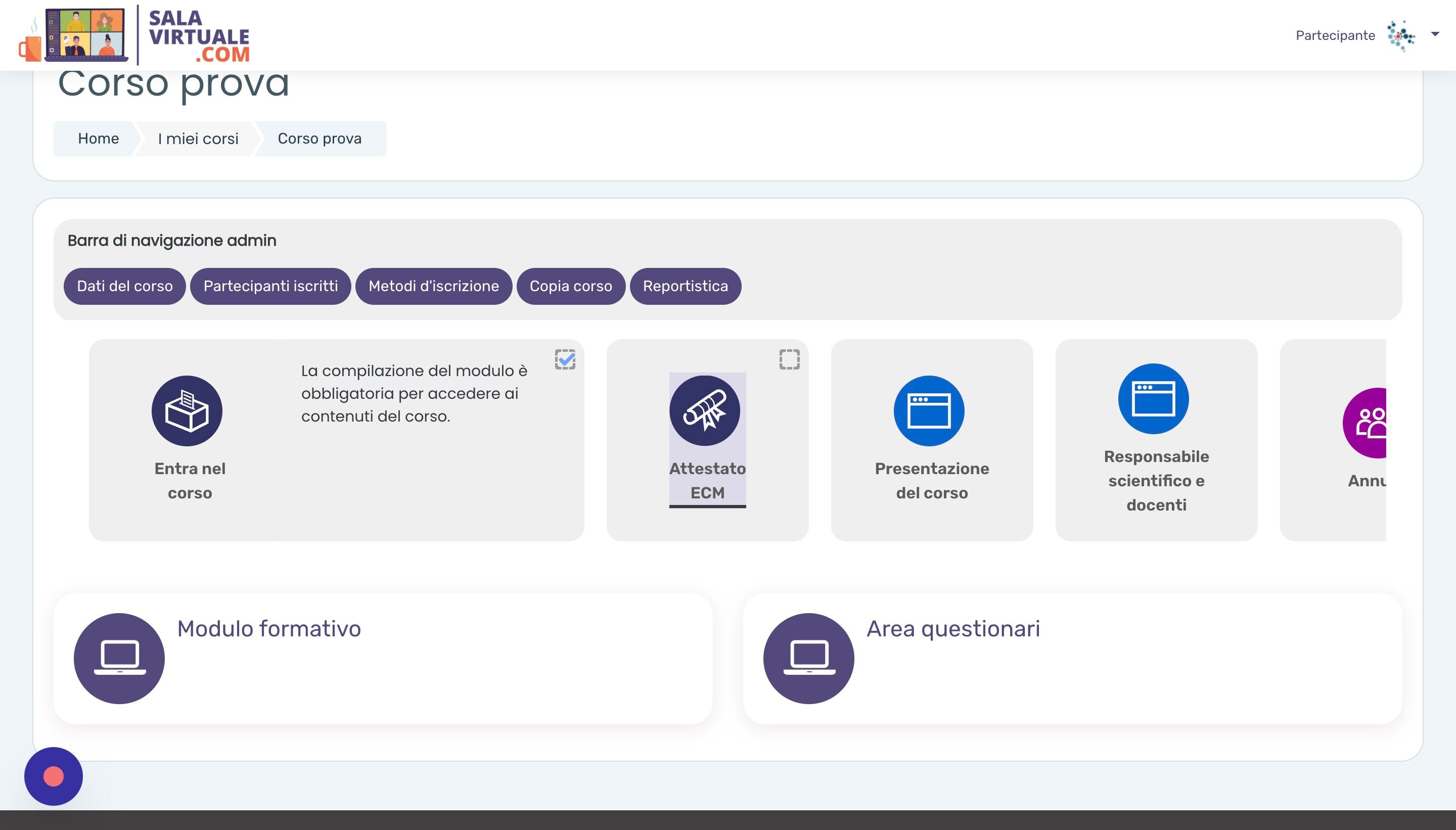 Screenshot of: Per scaricare l'attestato ECM, dopo il superamento del questionario, cliccare l'icona 