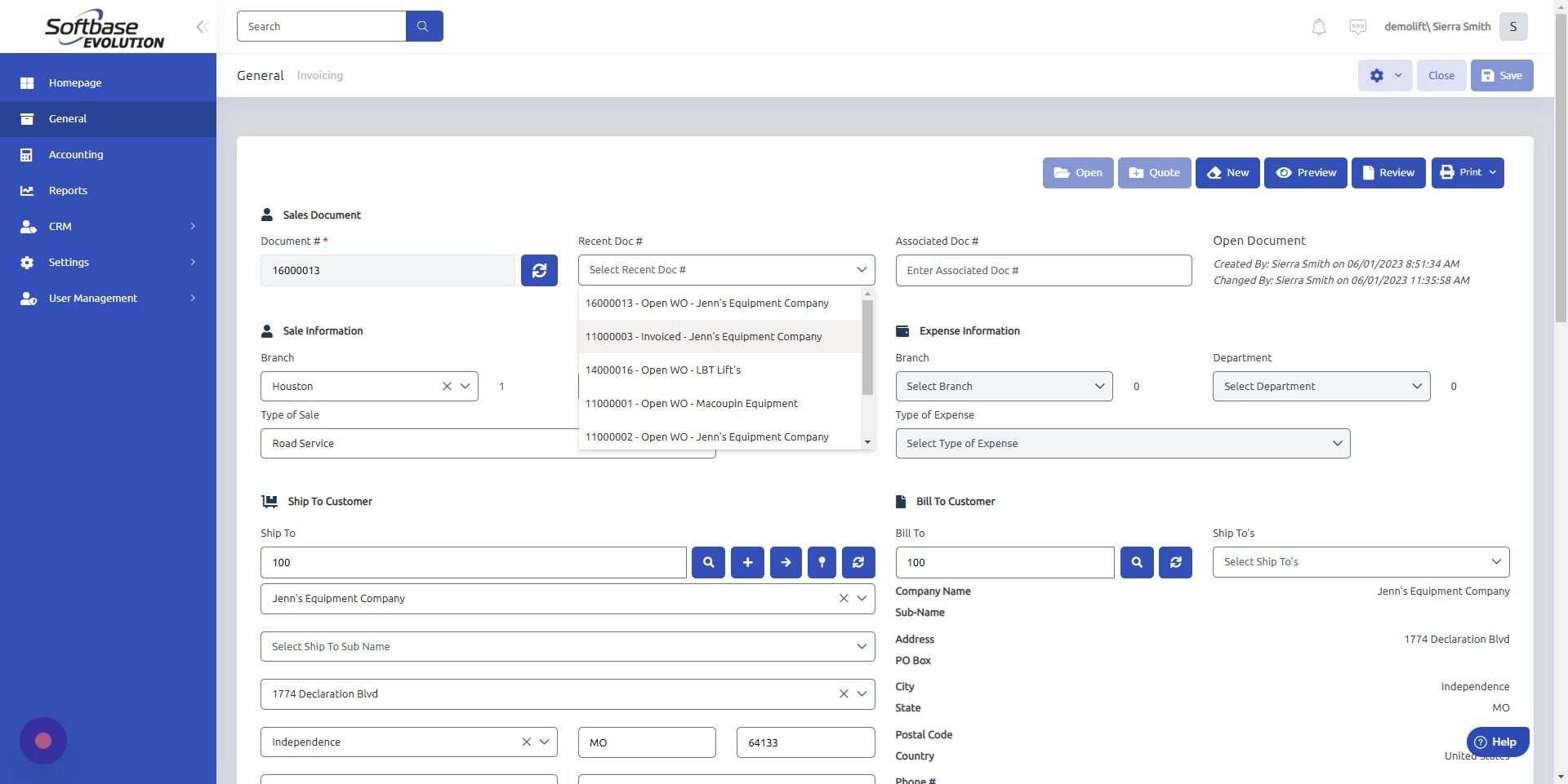 Screenshot of: To view invoiced/closed work orders, select Recent Doc # dropdown and search for Invoiced Work Orders. See next step for alternative.