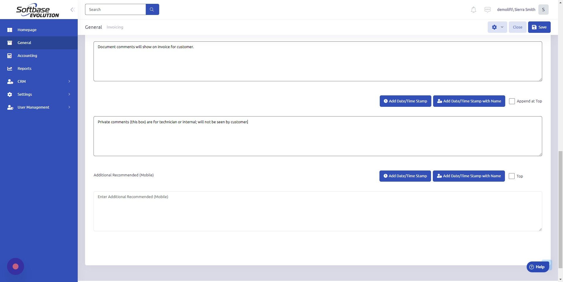 Screenshot of: Comments entered in bottom box, Enter Additional Recommended (Mobile), are to be seen by technicians. 