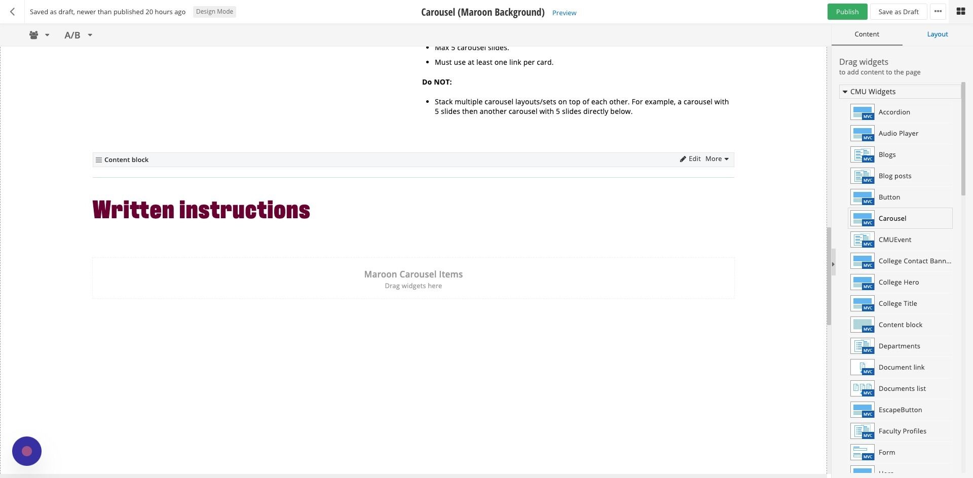 Screenshot of: Add the carousel widget. Add up to five carousel widgets to the layout.
