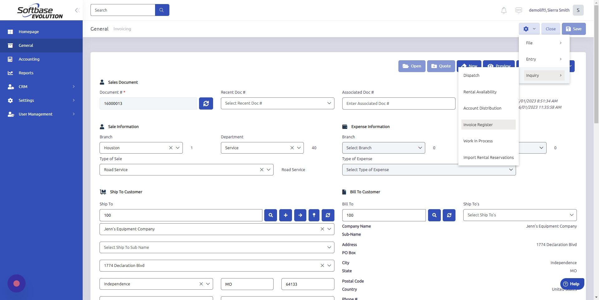 Screenshot of: Click gear > Inquiry > Invoice Register to open a search window.
