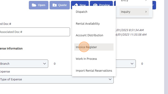Screenshot of: Click gear > Inquiry > Invoice Register to open a search window.
