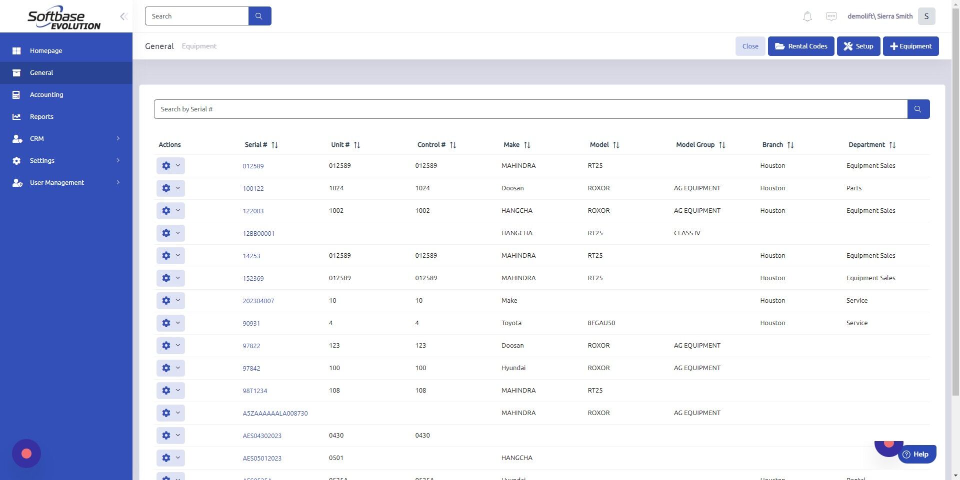 Screenshot of: Select equipment record.