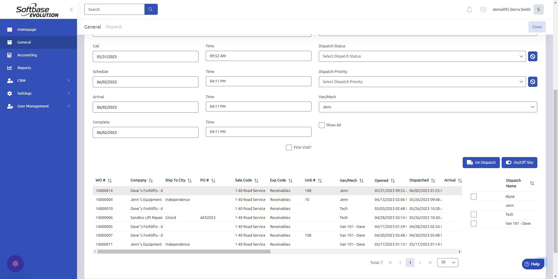 Screenshot of: Click Un Dispatch. You will now find this work order in the Not Dispatched tab.