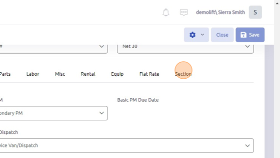 Screenshot of: To add a new section to this work order, open Section tab.
