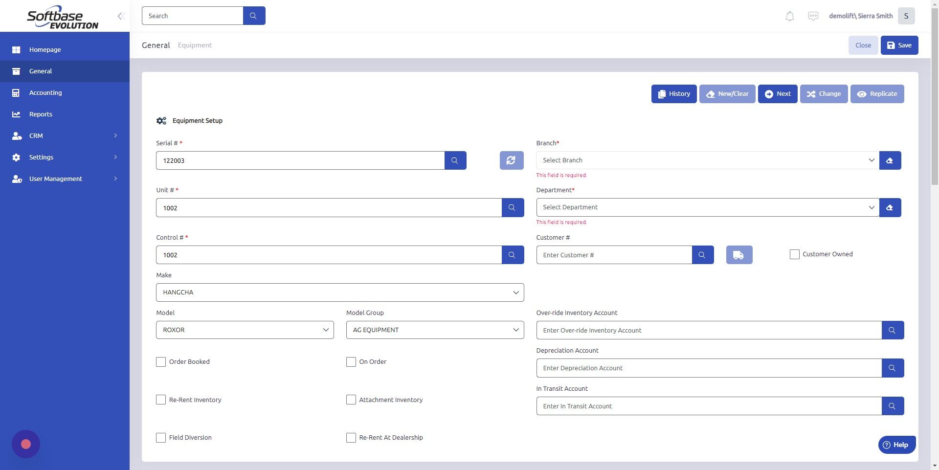 Screenshot of: Select Branch and Department from dropdowns.