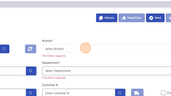 Screenshot of: Select Branch and Department from dropdowns.