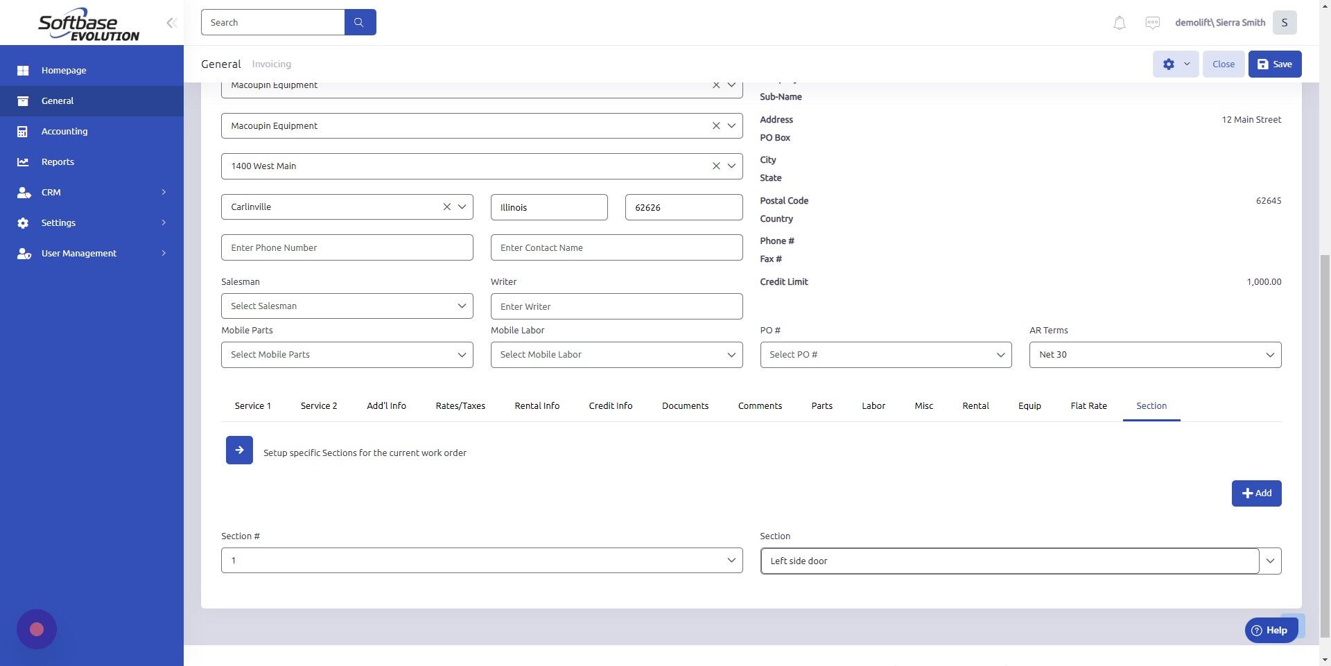 Screenshot of: Then, enter section details and click +Add to save section to work order.