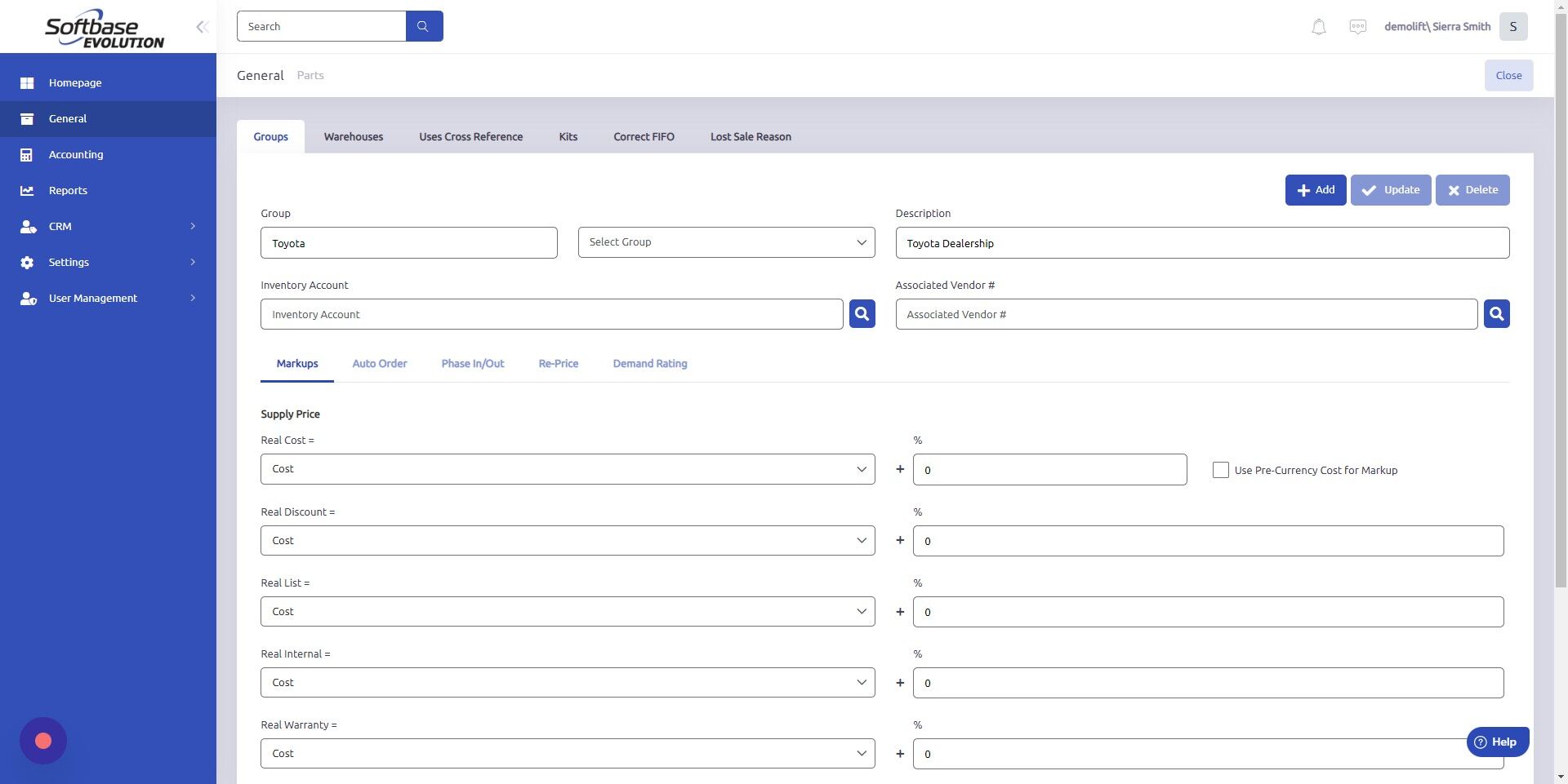 Screenshot of: Enter manually or click here to search for an Inventory Account to be connected to this Parts Group.