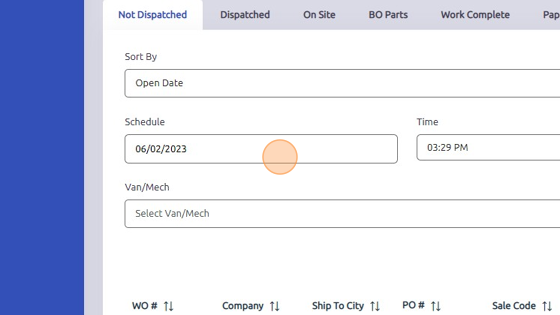 Screenshot of: Click here to set the date you scheduled the mechanic to work on work order.