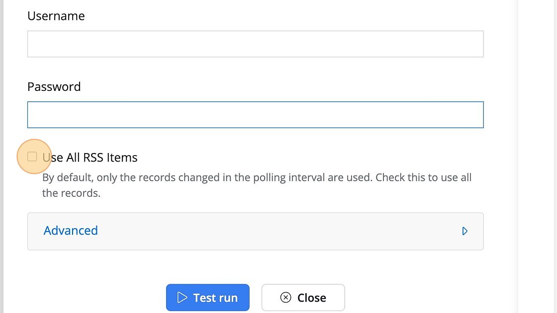 Screenshot of: Select if you want to "Use All RSS Items". Otherwise, the flow is triggered only for the RSS items changed in the poll period; The flow will not run if no items changed.