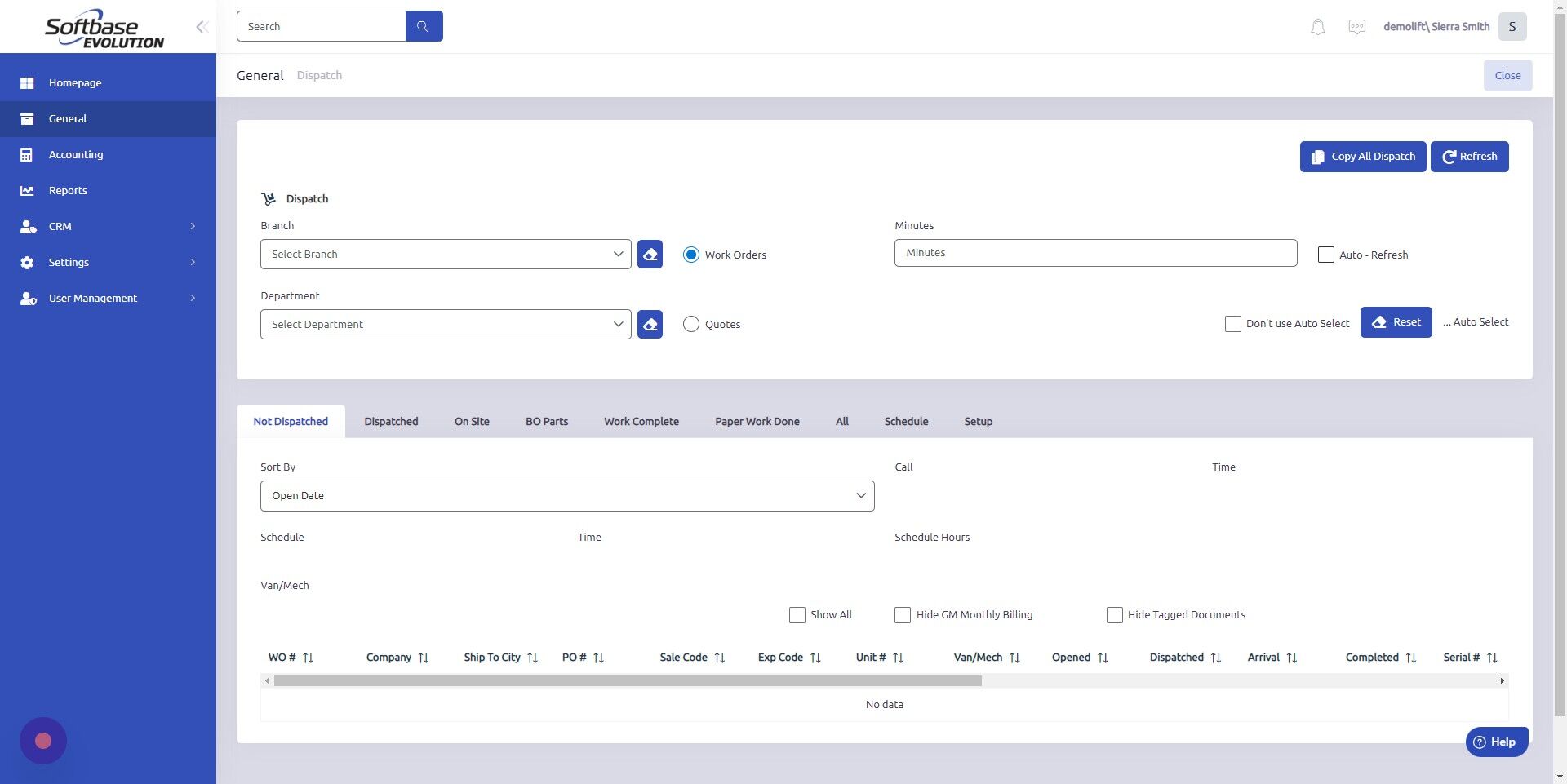Screenshot of: To turn Auto-Refresh off, click the box labeled Auto-Refresh to clear the box and disable refresh. Once Dispatch window is closed, the Auto-Refresh button will return to default. If Auto-Refresh is not working, go to Main Menu > Administration > Company > Invoicing > check that "Dispatch Manual Refresh" box is unchecked.