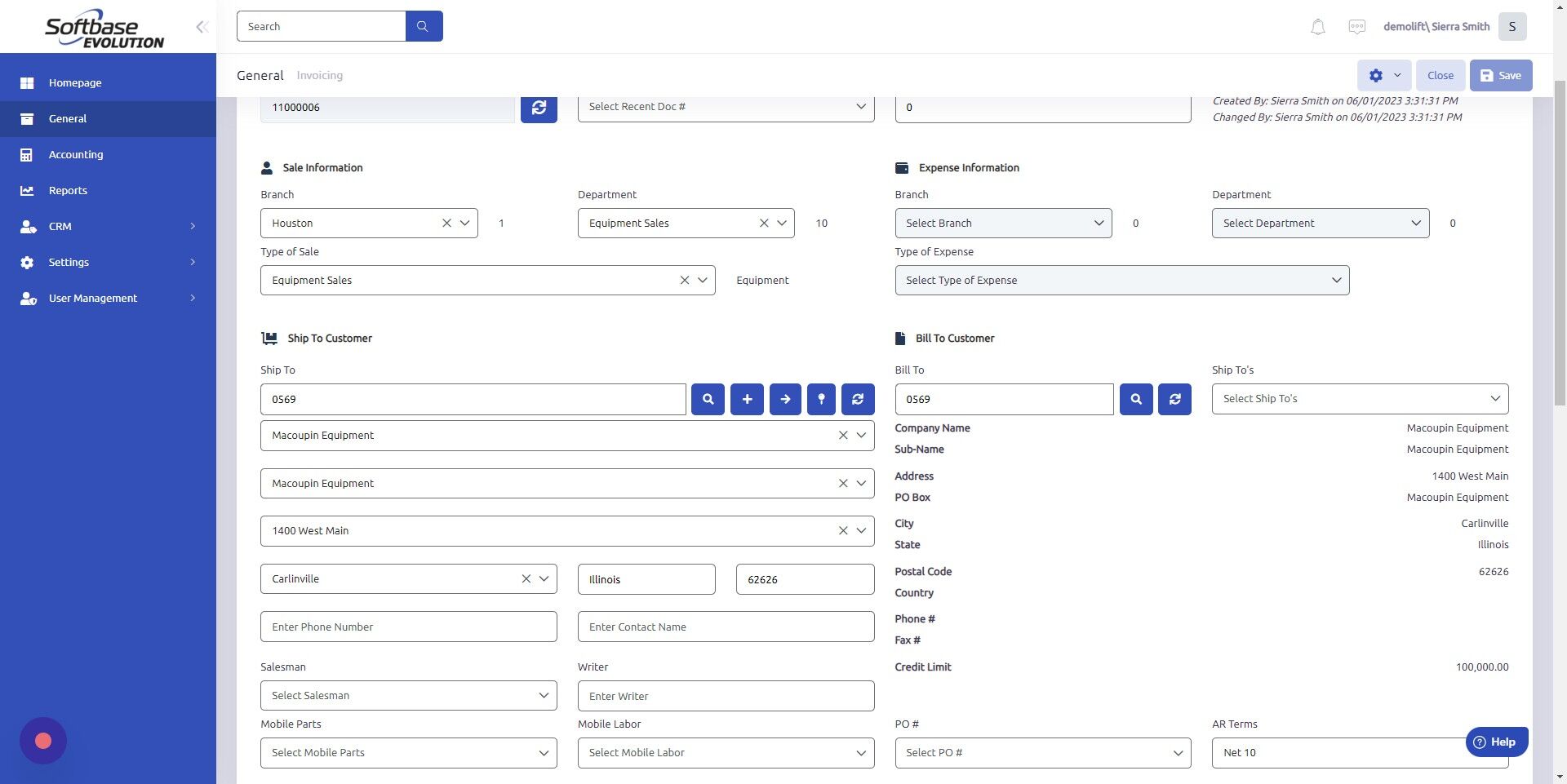 Screenshot of: Update Bill To customer. Either type customer number manually or click magnifying glass to search.