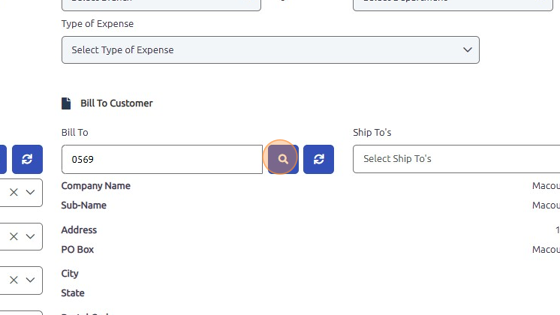 Screenshot of: Update Bill To customer. Either type customer number manually or click magnifying glass to search.