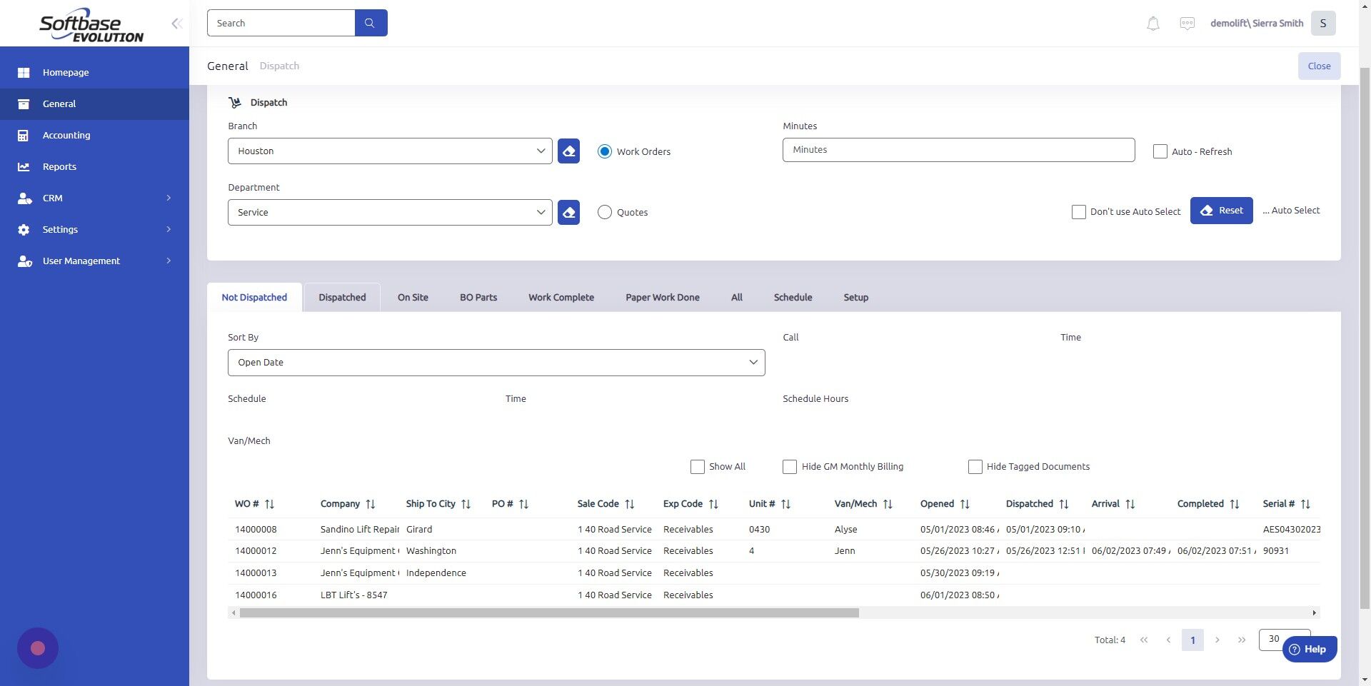 Screenshot of: Open Dispatched tab.