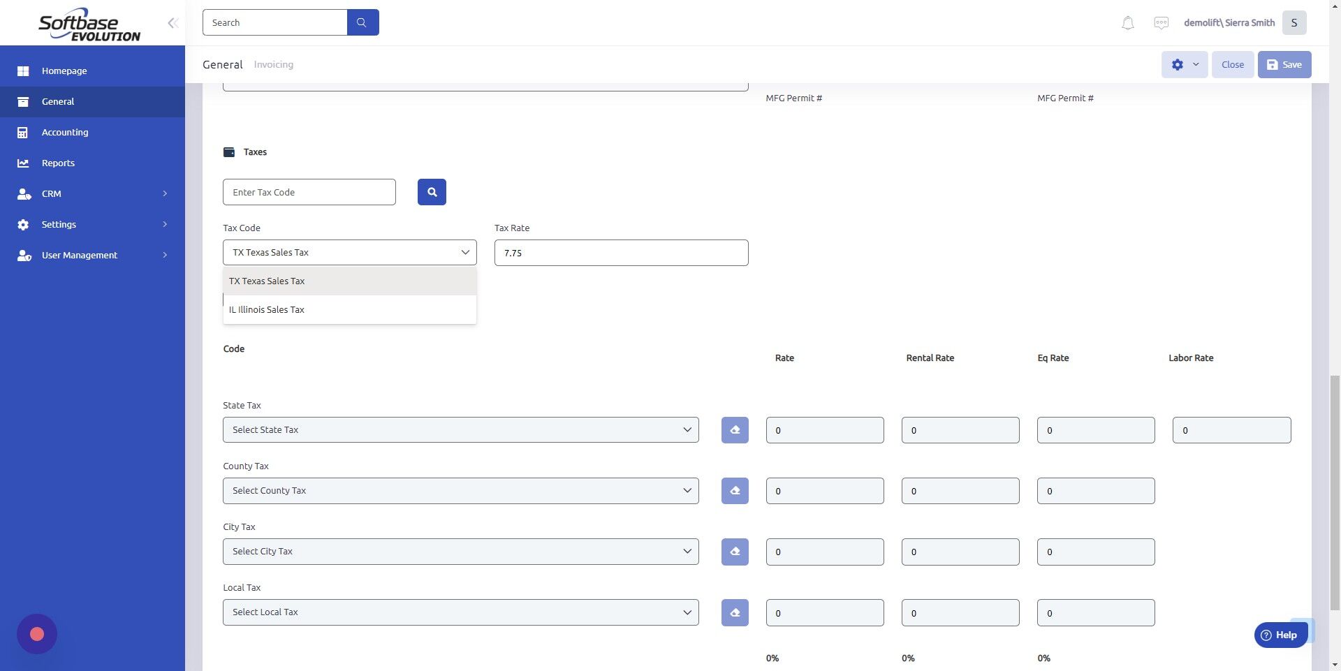 Screenshot of: Select Tax Code associated with your zip code or company. Tax Rate will auto-populate.