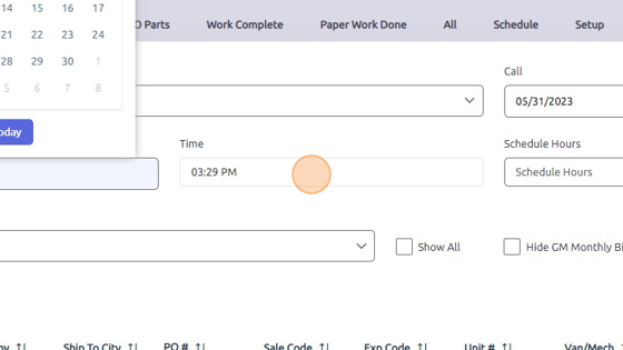 Screenshot of: Click here to set the time you scheduled the mechanic to work on work order.