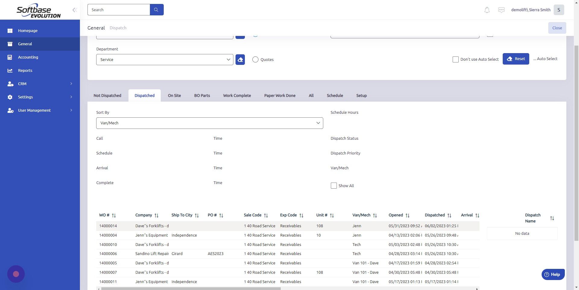 Screenshot of: Select work order you'd like to un-dispatch.