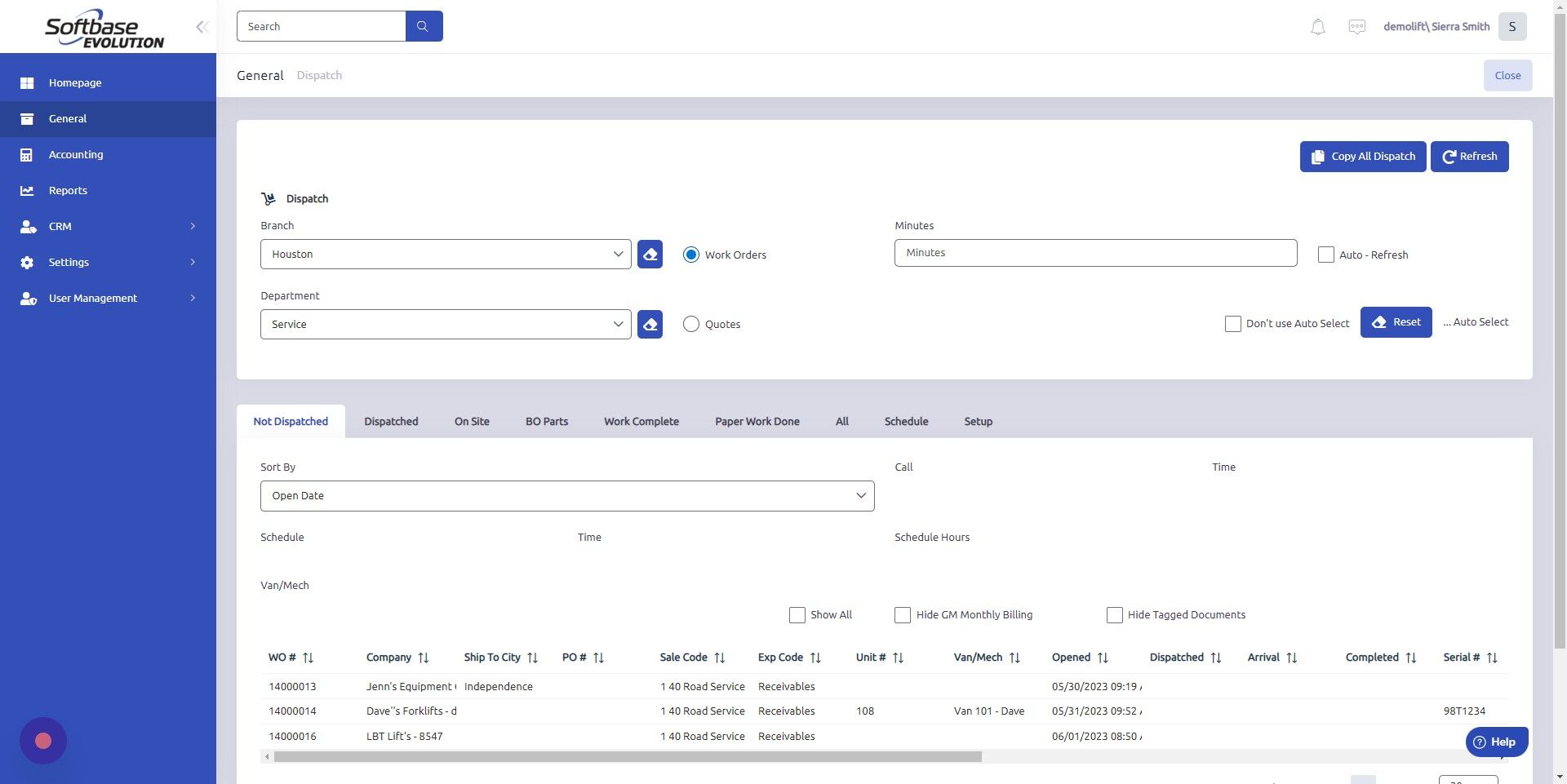 Screenshot of: Make sure Work Orders button is selected, not Quotes.
