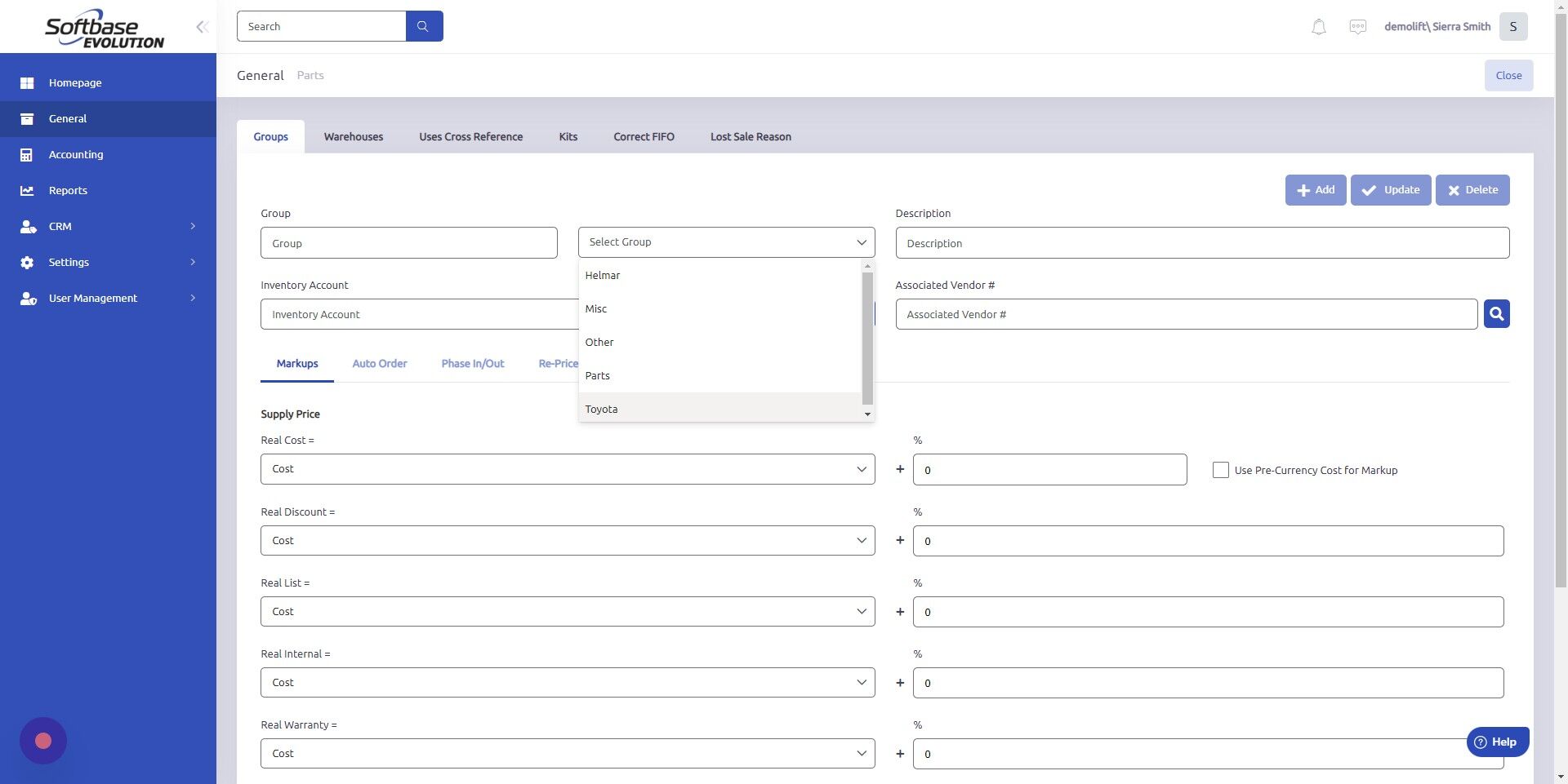 Screenshot of: Select Parts Group from dropdown.