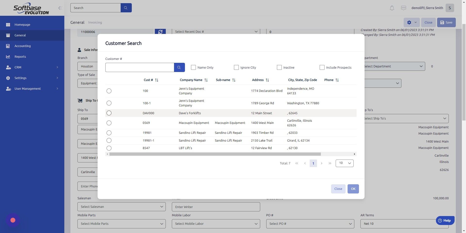 Screenshot of: Select updated Bill To customer.