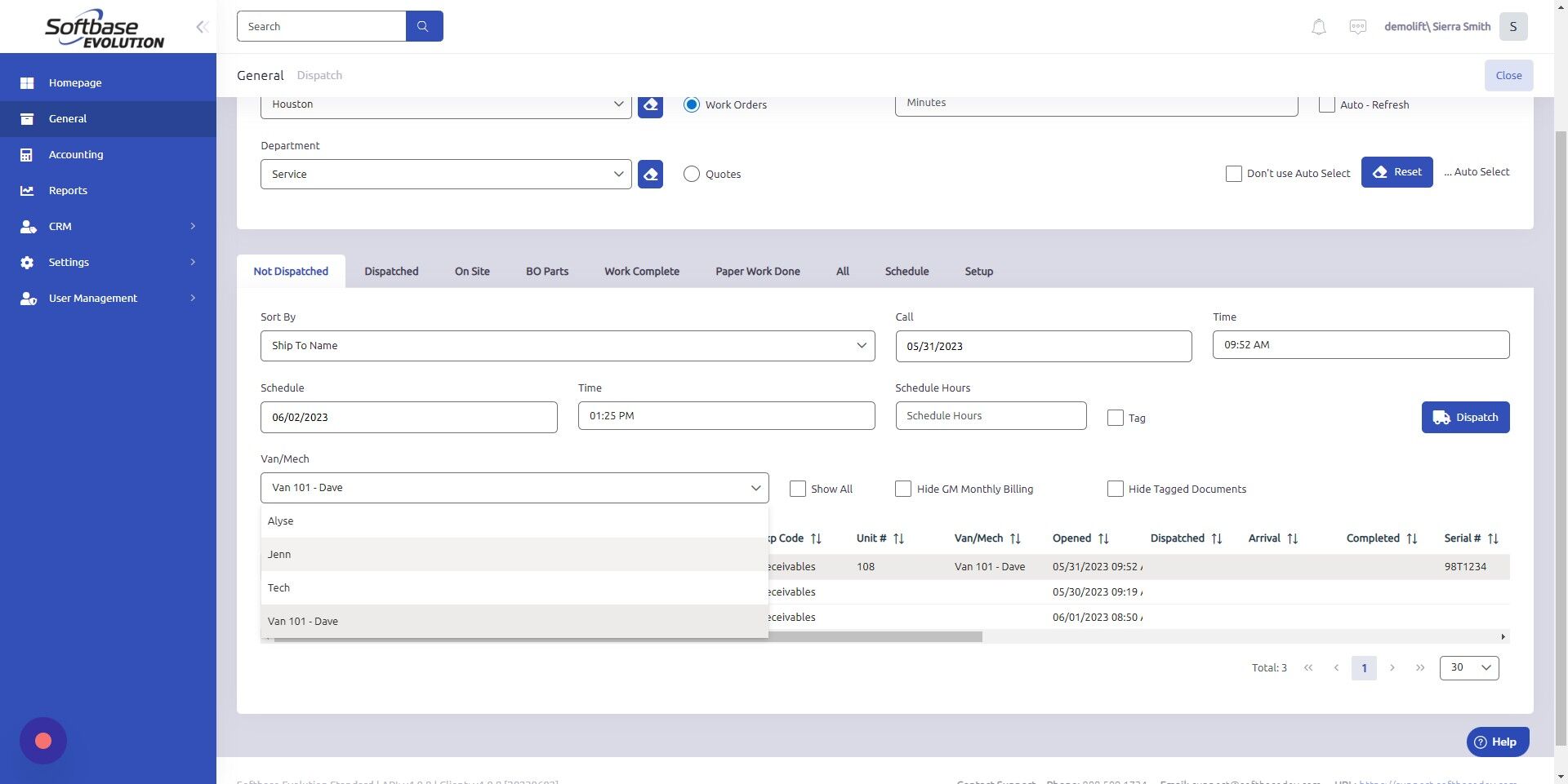 Screenshot of: Click here to assign Van/Mechanic to work order.