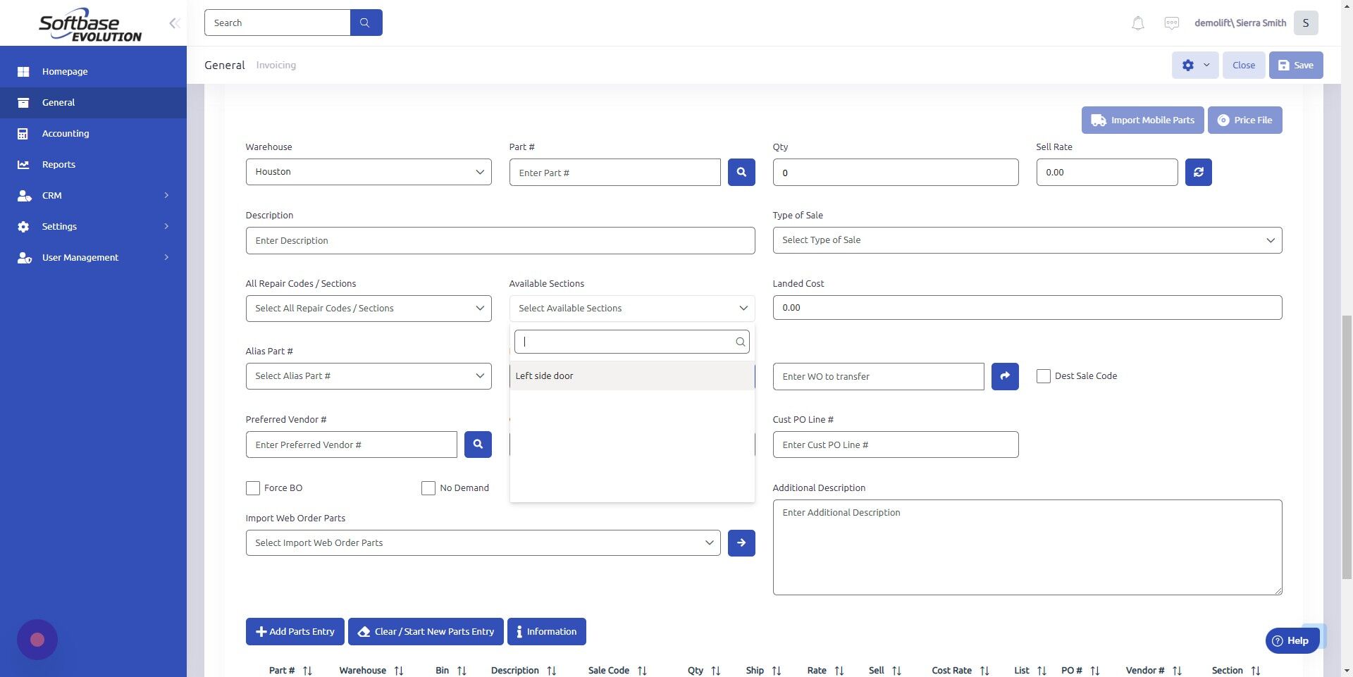 Screenshot of: Under any of the sections listed above, locate Available Sections dropdown to select the section added to this work order.
