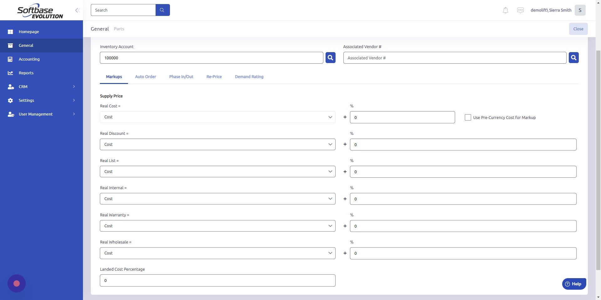 Screenshot of: Set Real Cost, Real Discount, Real List, Real Internal, Real Warranty, and Real Wholesale + the percentage you'd like to add. 