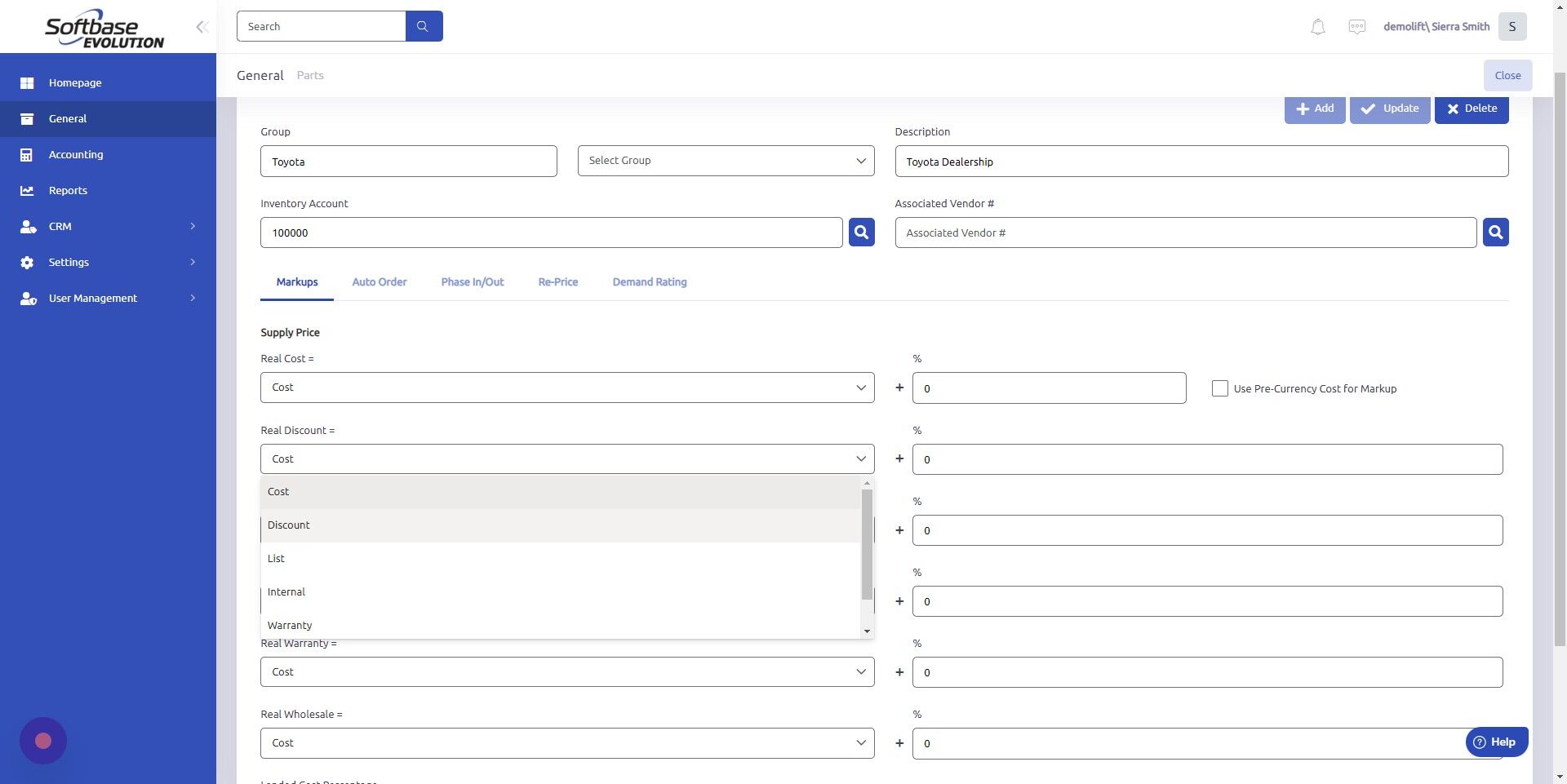 Screenshot of: The dropdowns allow you to reference a different supply price as the base.