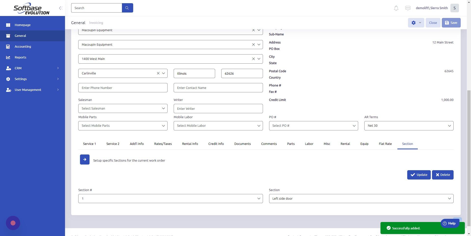 Screenshot of: New section can be located within work order under Parts, Labor, Misc, Equipment, or Flat Rate.