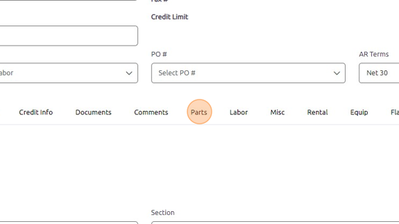 Screenshot of: New section can be located within work order under Parts, Labor, Misc, Equipment, or Flat Rate.