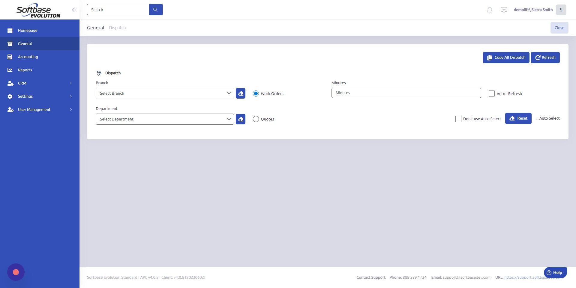 Screenshot of: Select Branch and Department associated with the work order you are dispatching a mechanic to.