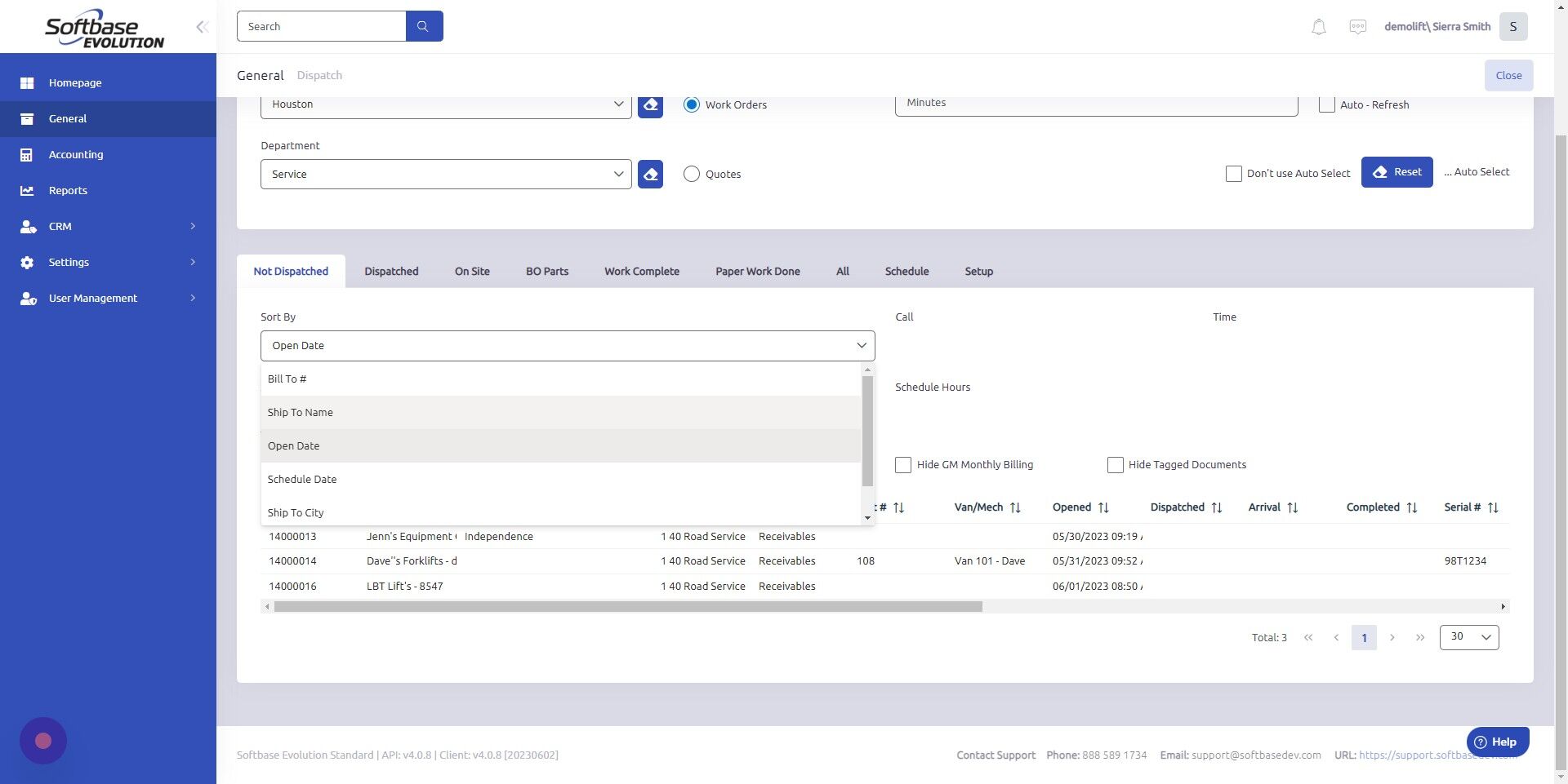 Screenshot of: Open Sort By dropdown to sort work orders by preference.
