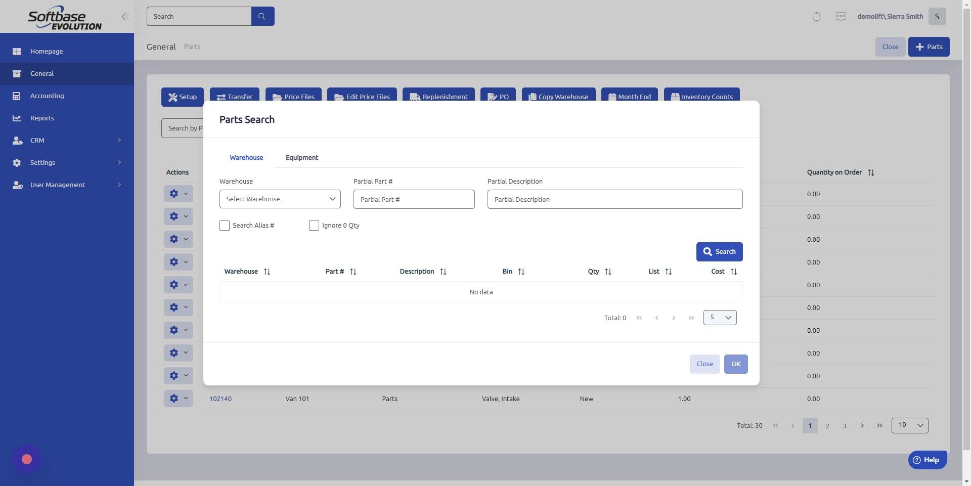 Screenshot of: There are two tabs within Parts Search. Warehouse tab allows you to search by Warehouse, Partial Part #, and Partial Description.