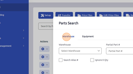 Screenshot of: There are two tabs within Parts Search. Warehouse tab allows you to search by Warehouse, Partial Part #, and Partial Description.