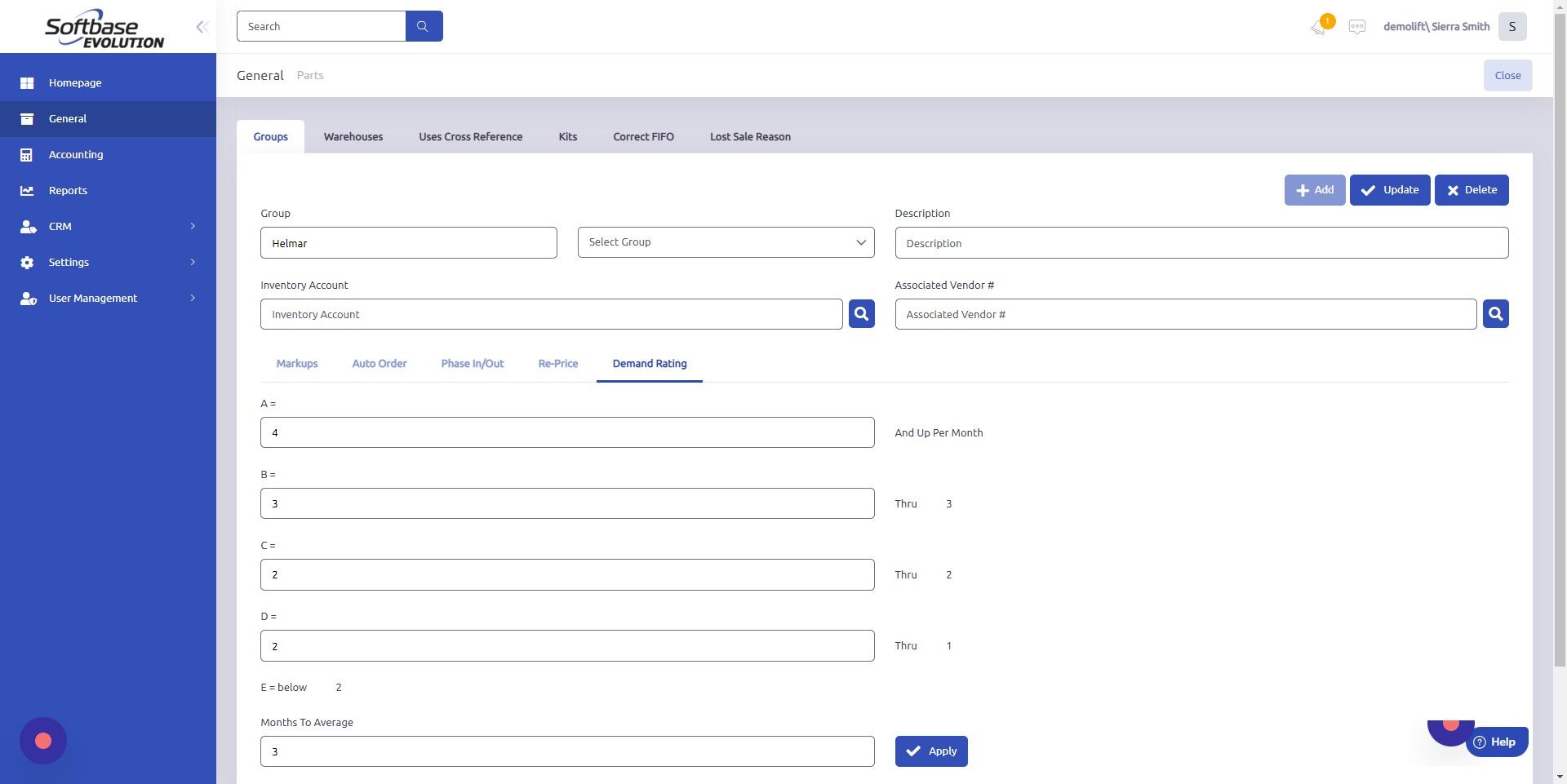 Screenshot of: Click "Update" to save changes to Parts Group.