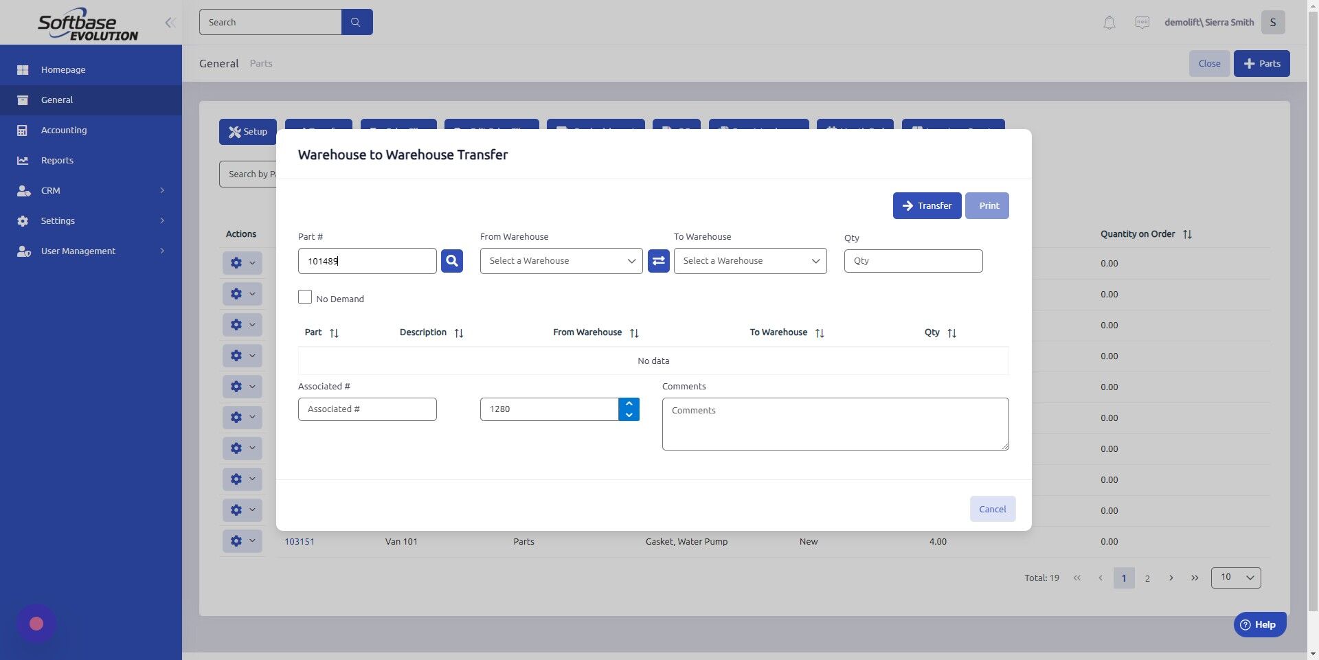 Screenshot of: Enter Part # to transfer.
